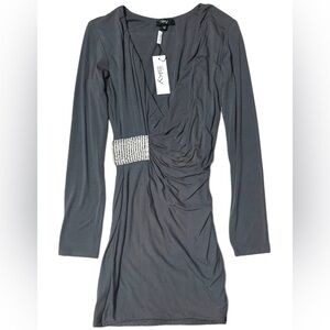 Womens Sky Brand Mini Dress Grey Rhinestones Medium (Runs Small) Ruched Fitted